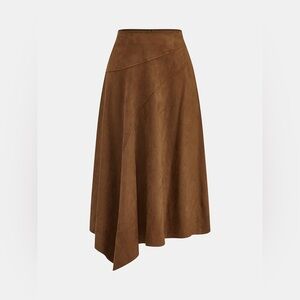 NWT Asymmetric High-Waisted Suede Midi Skirt Medium Light Brown